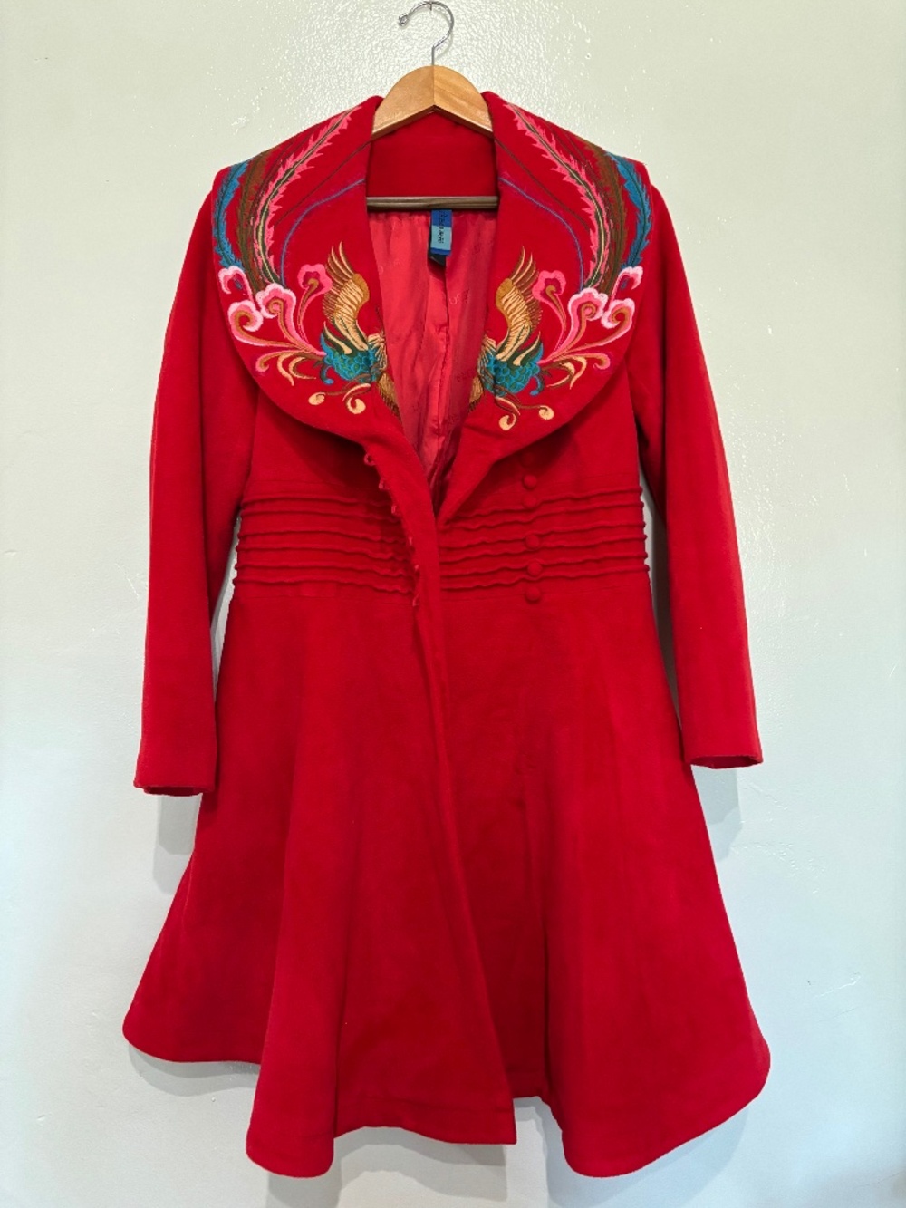 LIEBO Red Phoenix Embroidered Fit & Flare Coat US Small
